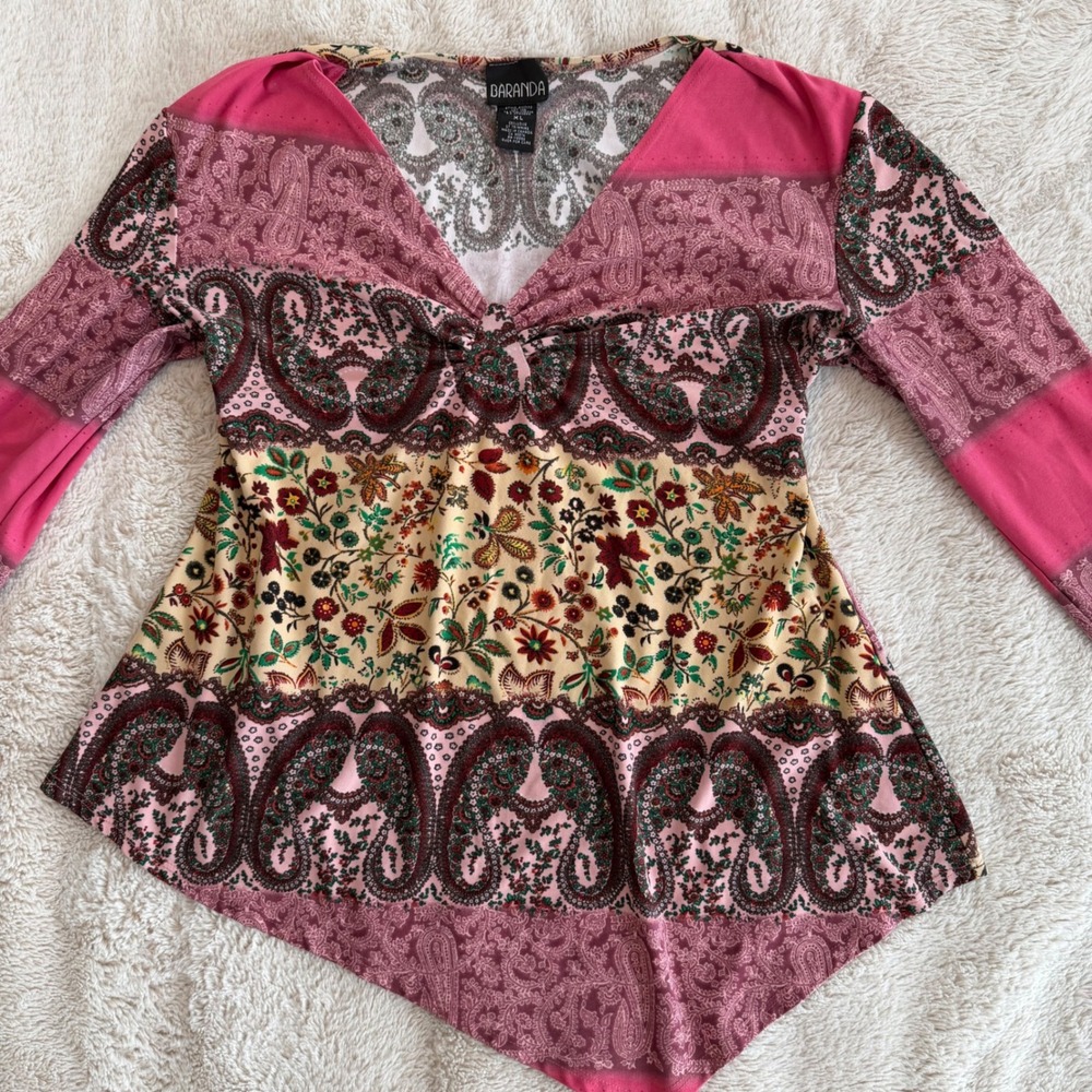 Baranda Womens XL Pink Paisley Floral Y2K Boho Asymetrical Hem Top